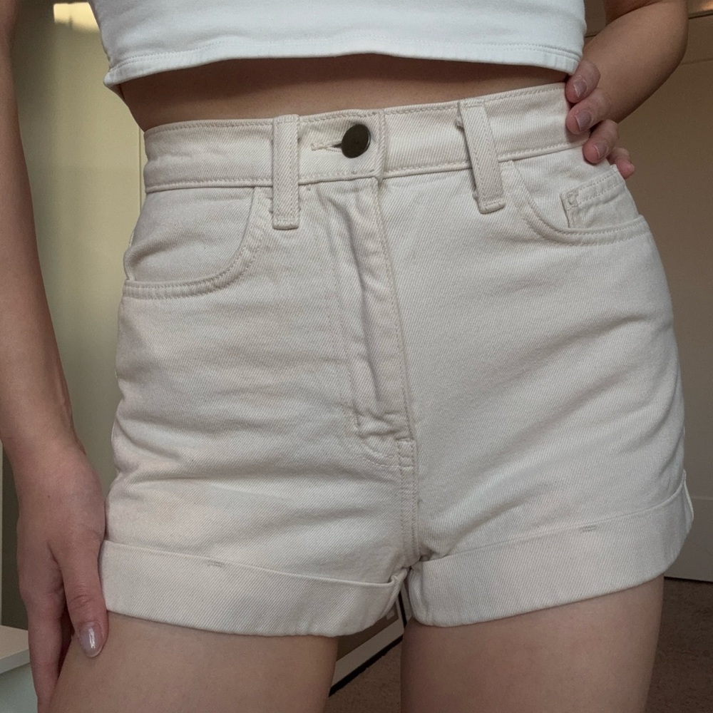 American Apparel High-Waist Cream Cuffed Denim Shorts